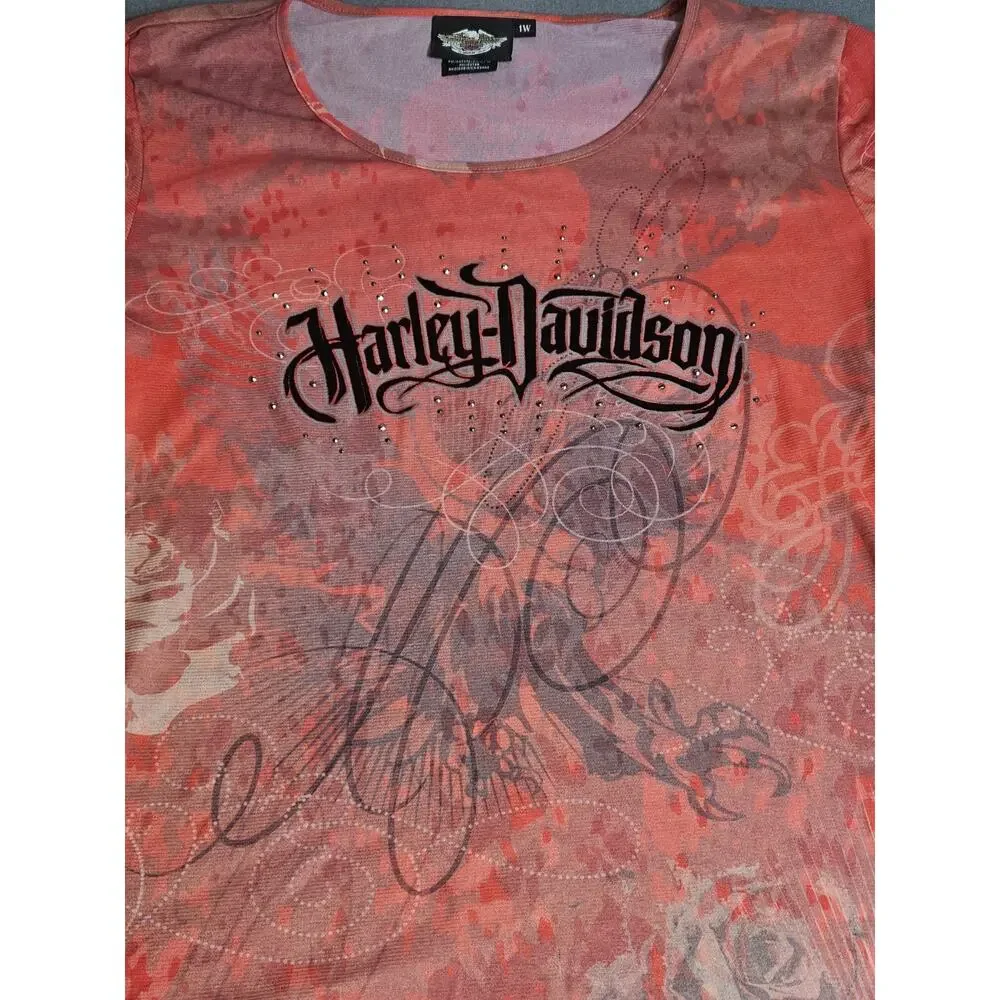 VTG Harley Davidson Top Womens 1W Velvet Studded Mesh USA Made Y2K Biker - Picture 2 of 8